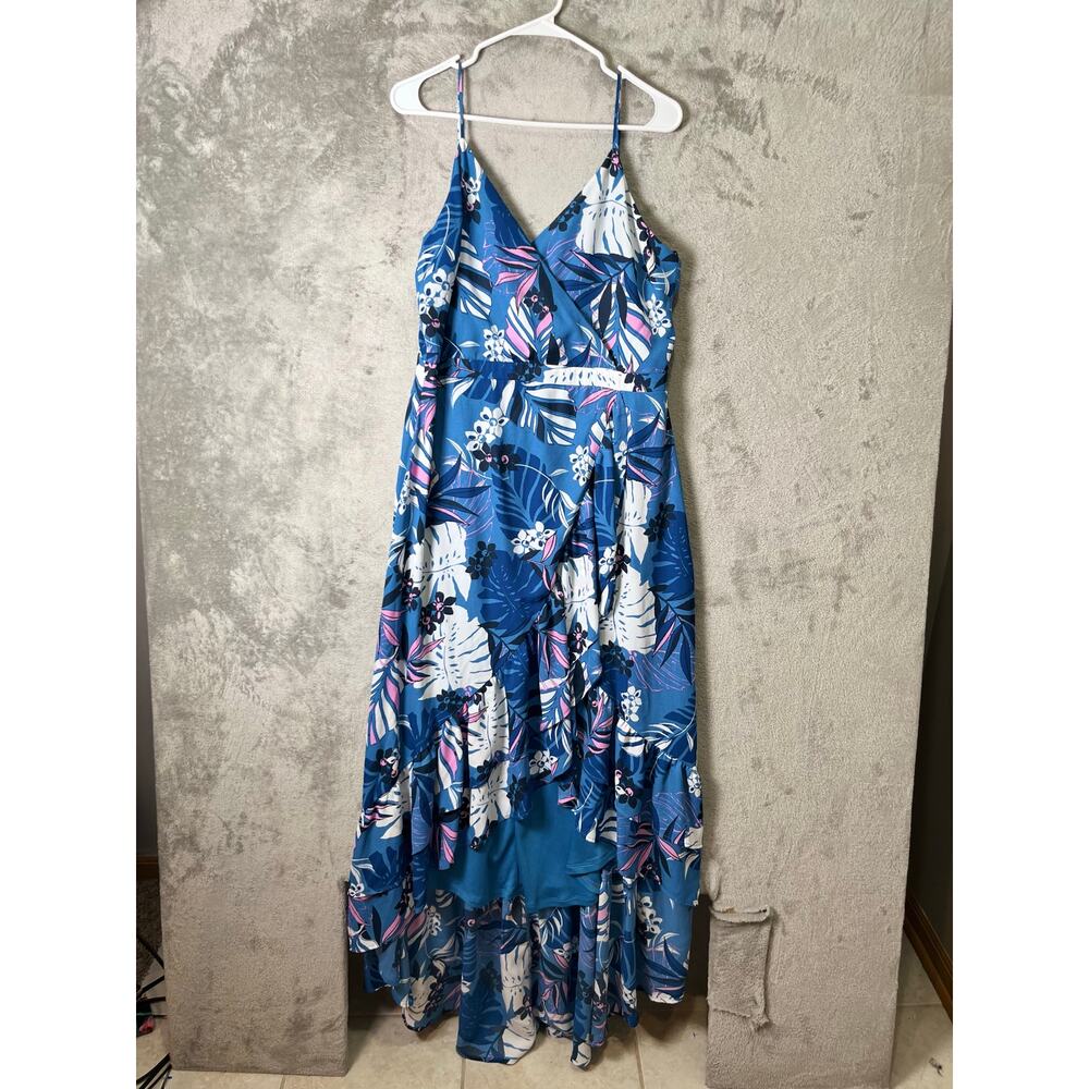 Lulus Vacation Days Blue Tropical Print High Low Maxi Dress Flowy Resort Summer